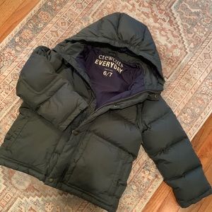 J. Crew Army Green Down Puffer Jacket. Boys. Size 6/7 Zipper and button closure